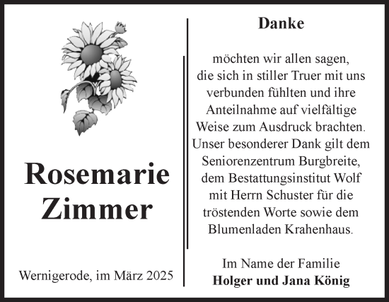 Traueranzeige von Rosemarie Zimmer von Volksstimme Wernigerode