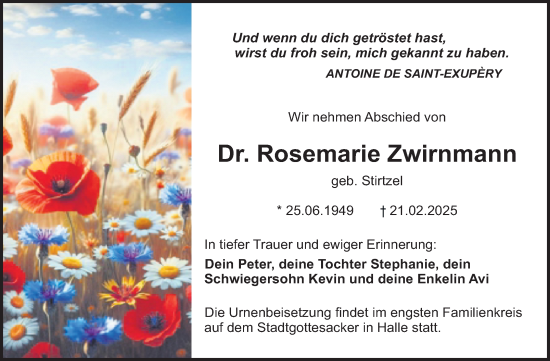 Traueranzeige von Rosemarie Zwirnmann von Mitteldeutsche Zeitung Halle/Saalkreis