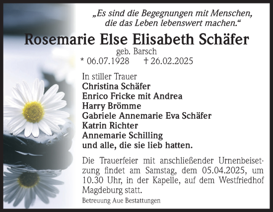 Traueranzeige von Rosemarie Else Elisabeth Schäfer von Volksstimme Magdeburg