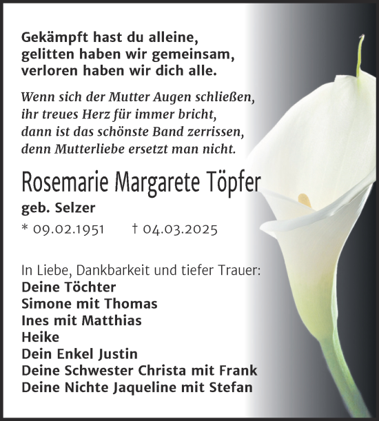 Traueranzeige von Rosemarie Margarete Töpfer von Trauerkombi Weißenfels