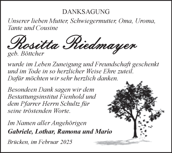 Traueranzeige von Rositta Riedmayer von Trauerkombi Sangerhausen
