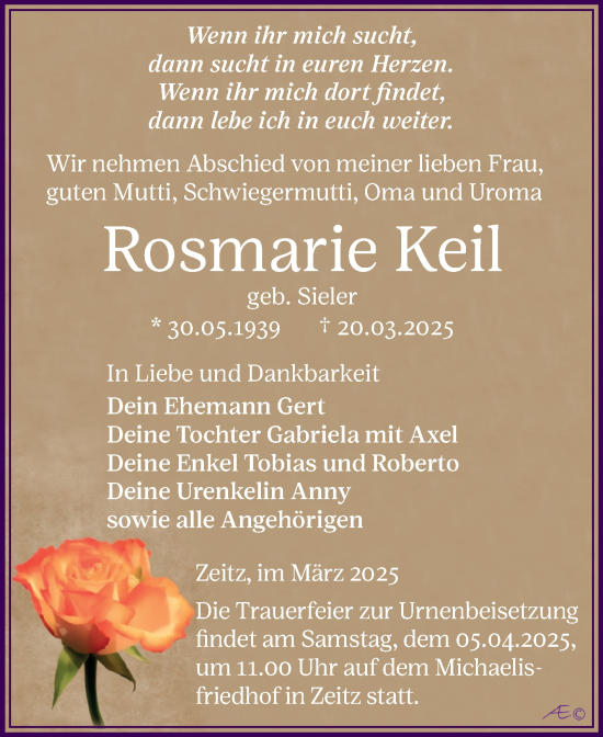 Traueranzeige von Rosmarie Keil von Trauerkombi Zeitz
