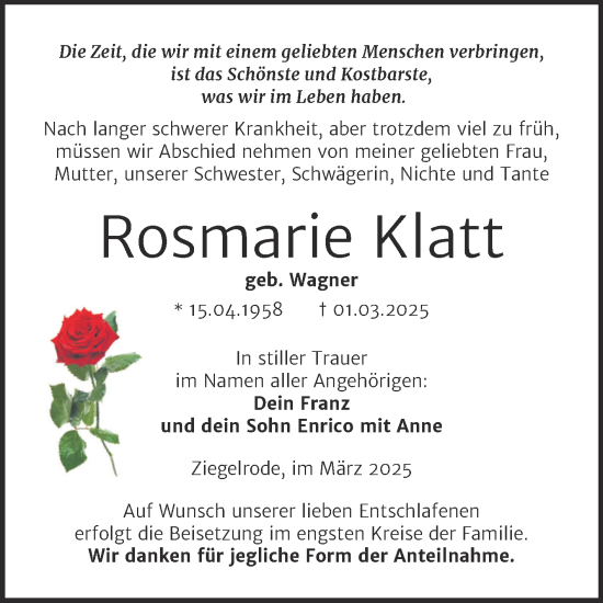 Traueranzeige von Rosmarie Klatt von Trauerkombi Mansfelder Land