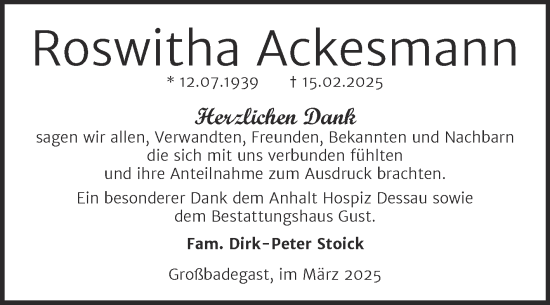 Traueranzeige von Roswitha Ackesmann von Trauerkombi Köthen