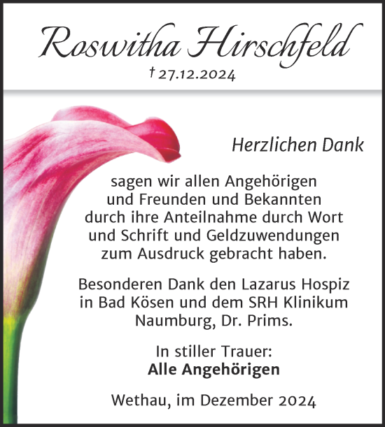 Traueranzeige von Roswitha Hirschfeld von Super Sonntag Naumburg/Nebra