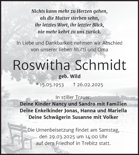 Traueranzeige von Roswitha Schmidt von Trauerkombi Wittenberg