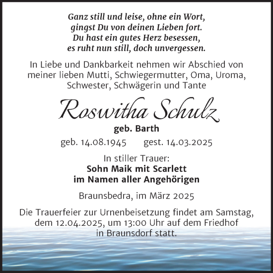 Traueranzeige von Roswitha Schulz von Trauerkombi Merseburg