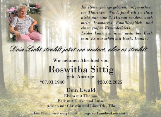 Traueranzeige von Roswitha Sittig von Volksstimme Burg/Genthin