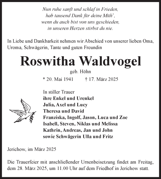 Traueranzeige von Roswitha Waldvogel von Volksstimme Burg/Genthin