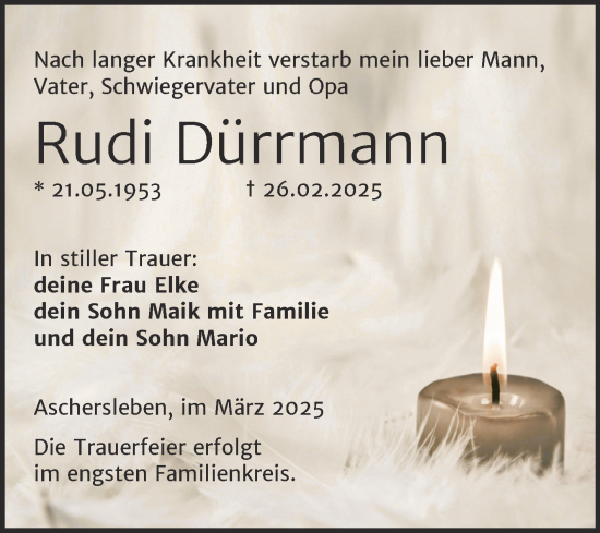 Traueranzeige von Rudi Dürrmann von Trauerkombi Aschersleben