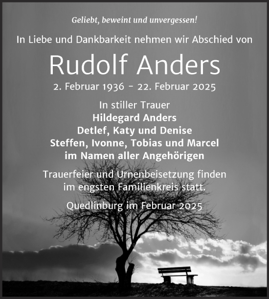 Traueranzeige von Rudolf Anders von Trauerkombi Quedlinburg
