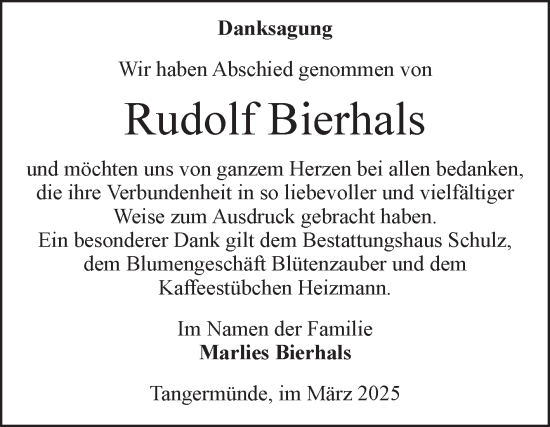 Traueranzeige von Rudolf Bierhals von Volksstimme Altmark Ost