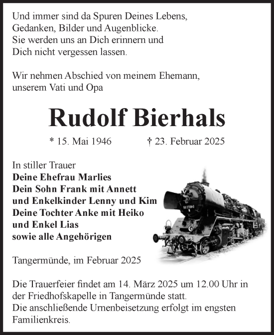 Traueranzeige von Rudolf Bierhals von Volksstimme Altmark Ost