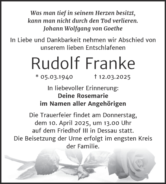 Traueranzeige von Rudolf Franke von Trauerkombi Dessau