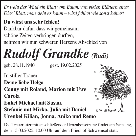 Traueranzeige von Rudolf Grandke von Trauerkombi Bitterfeld