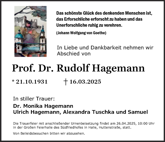 Traueranzeige von Rudolf Hagemann von Mitteldeutsche Zeitung Halle/Saalkreis