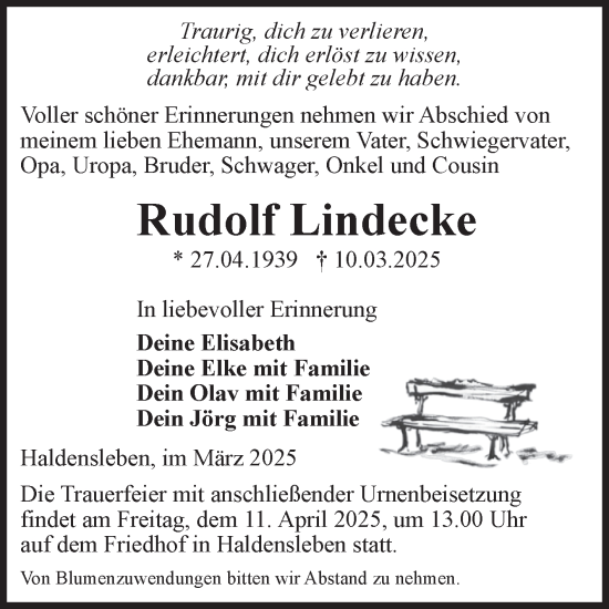 Traueranzeige von Rudolf Lindecke von Volksstimme Haldensleben/Wolmirstedt