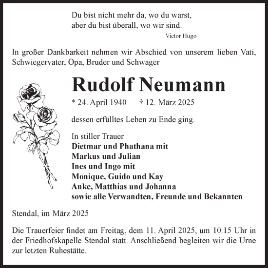 Traueranzeige von Rudolf Neumann von Volksstimme Altmark Ost