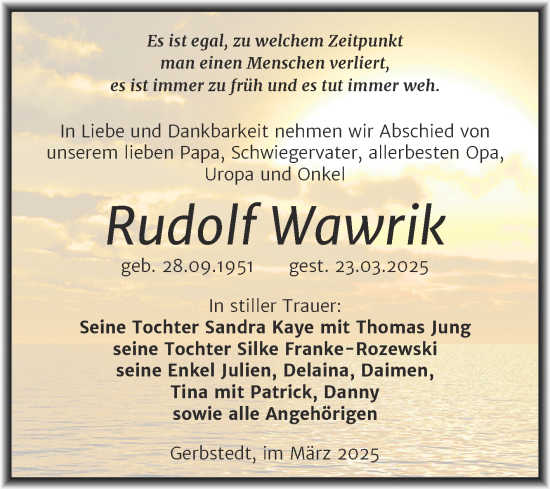 Traueranzeige von Rudolf Wawrik von Trauerkombi Mansfelder Land