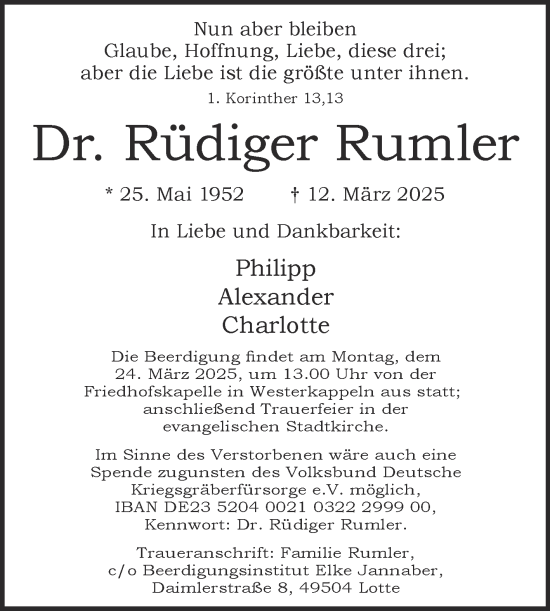 Traueranzeige von Rüdiger Rumler von Volksstimme Burg/Genthin