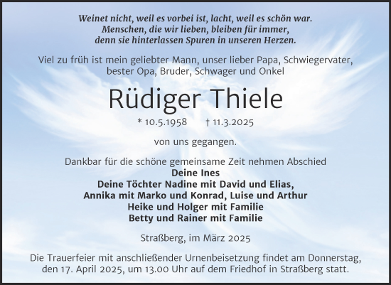 Traueranzeige von Rüdiger Thiele von Trauerkombi Quedlinburg
