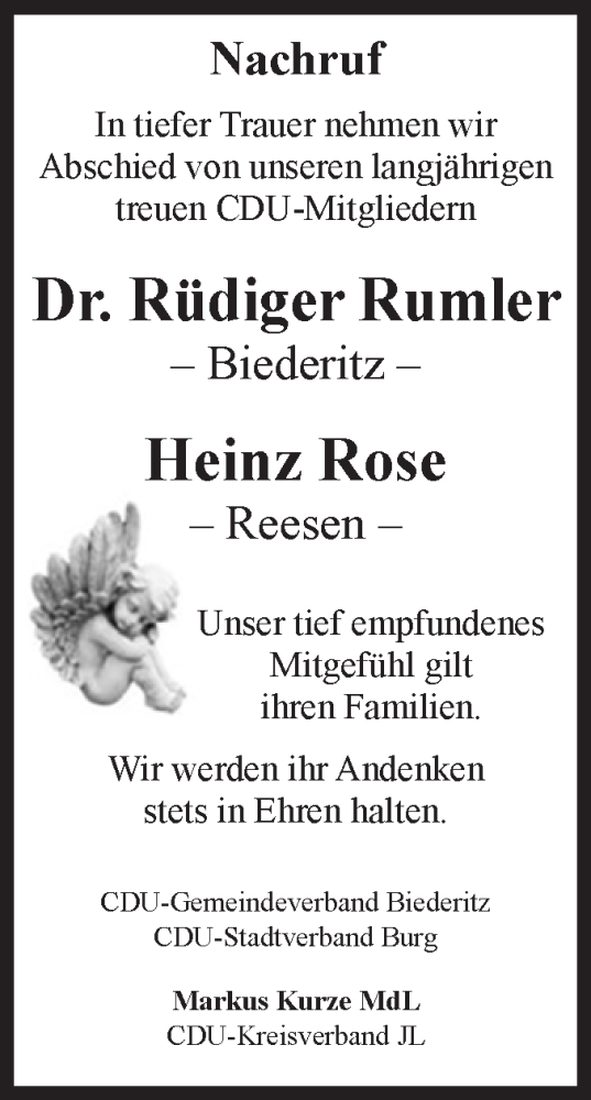 Traueranzeige von Rüdiger und Heinz Rumler und Rose von Volksstimme Burg/Genthin