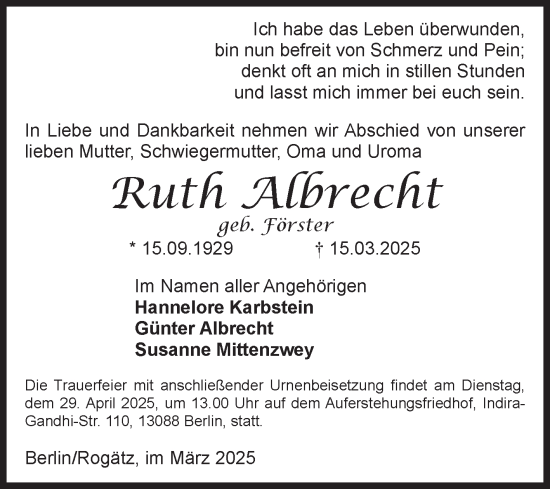 Traueranzeige von Ruth Albrecht von Volksstimme Haldensleben/Wolmirstedt