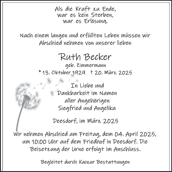 Traueranzeige von Ruth Becker von Volksstimme Halberstadt