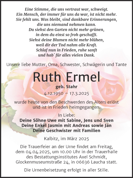 Traueranzeige von Ruth Ermel von Super Sonntag Naumburg/Nebra