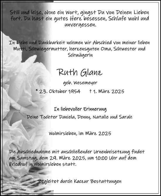 Traueranzeige von Ruth Glave von Volksstimme Staßfurt