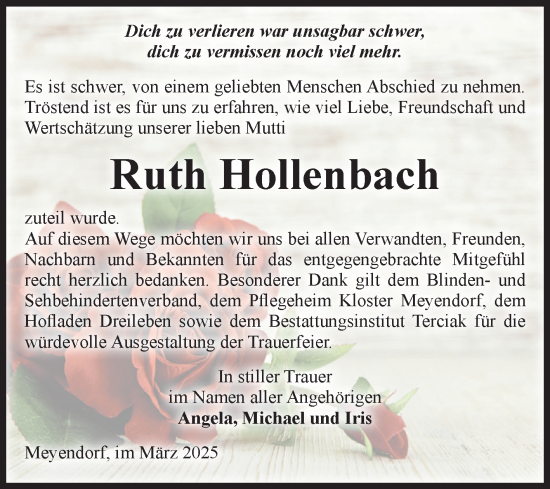 Traueranzeige von Ruth Hollenbach von Volksstimme Oschersleben/Wanzleben