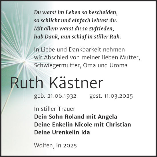 Traueranzeige von Ruth Kästner von Trauerkombi Bitterfeld