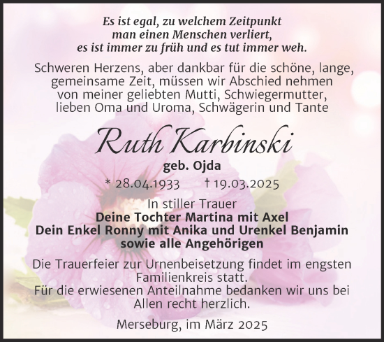 Traueranzeige von Ruth Karbinski von Trauerkombi Merseburg