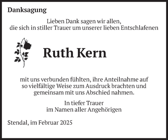 Traueranzeige von Ruth Kern von Volksstimme Altmark Ost