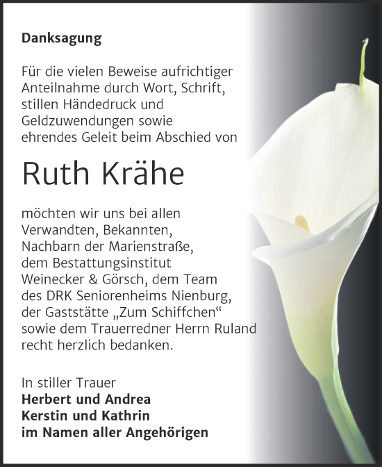 Traueranzeige von Ruth Krähe von Trauerkombi Bernburg