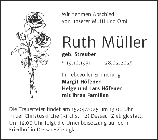 Traueranzeige von Ruth Müller von Trauerkombi Dessau