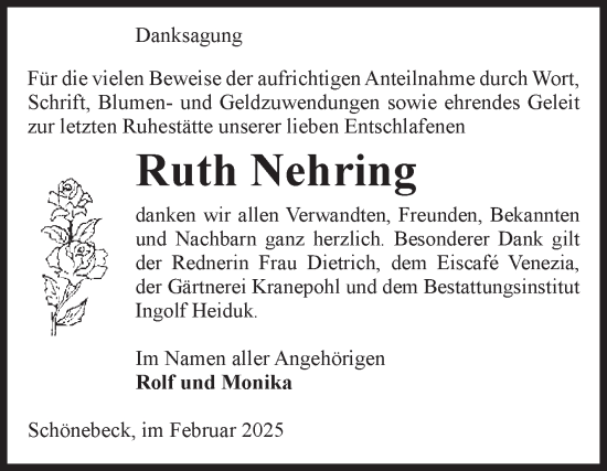 Traueranzeige von Ruth Nehring von Volksstimme Schönebeck