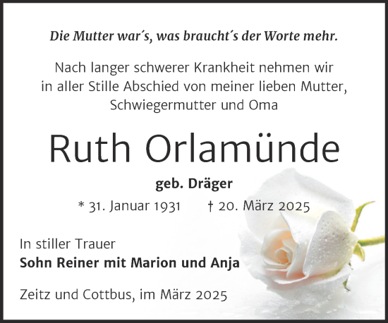 Traueranzeige von Ruth Orlamünde von Trauerkombi Zeitz