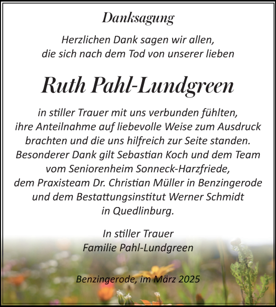 Traueranzeige von Ruth Pahl-Lundgreen von Volksstimme Wernigerode