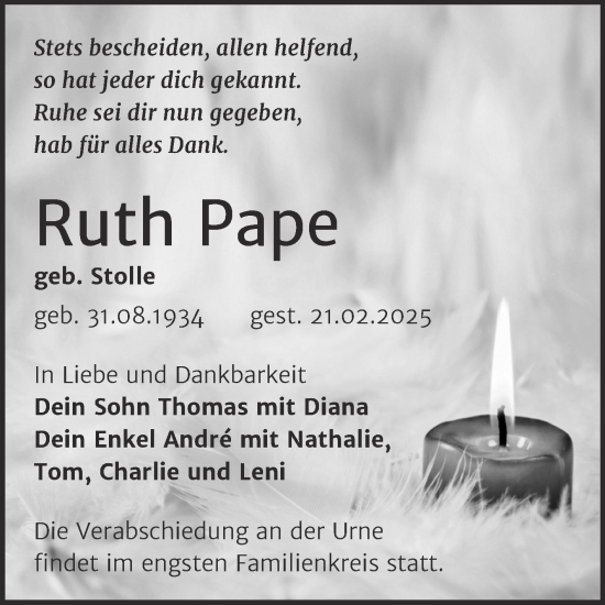 Traueranzeige von Ruth Pape von Trauerkombi Sangerhausen