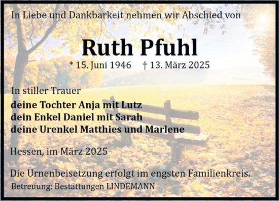 Traueranzeige von Ruth Pfuhl von Volksstimme Halberstadt