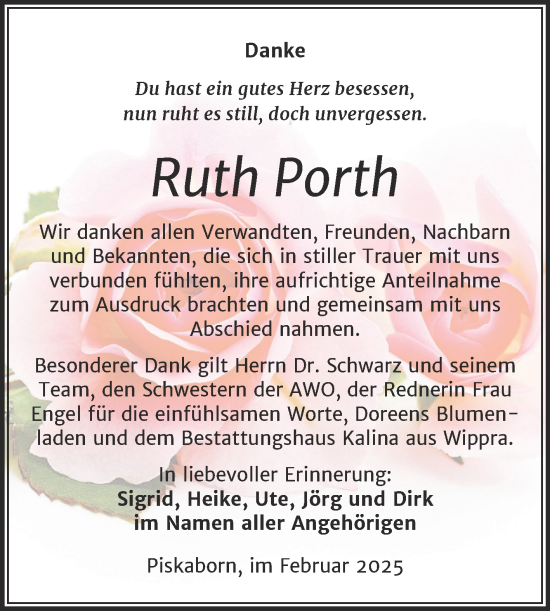 Traueranzeige von Ruth Porth von Trauerkombi Mansfelder Land