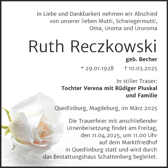 Traueranzeige von Ruth Reczkowski von Trauerkombi Quedlinburg