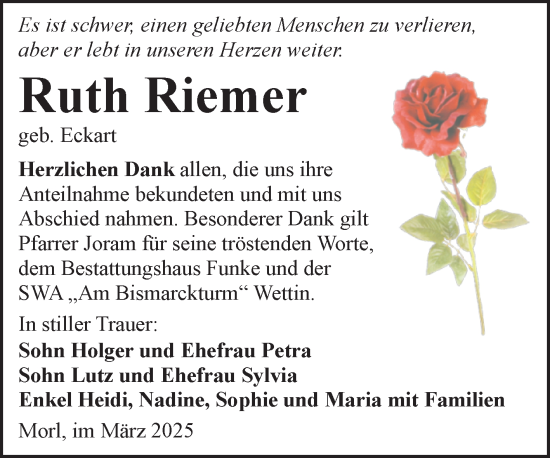 Traueranzeige von Ruth Riemer von Mitteldeutsche Zeitung Halle/Saalkreis