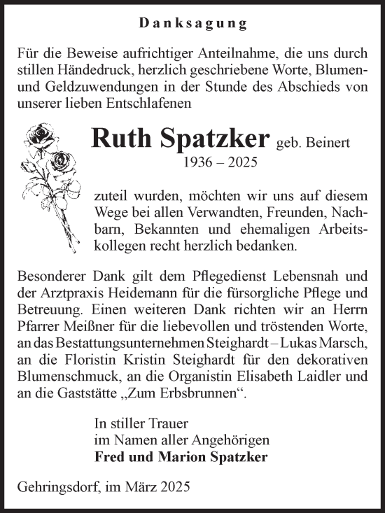 Traueranzeige von Ruth Spatzker von Volksstimme Oschersleben/Wanzleben