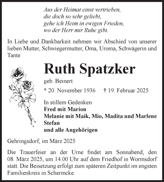 Traueranzeige von Ruth Spatzker von Volksstimme Oschersleben/Wanzleben