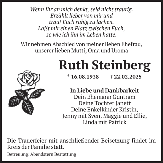 Traueranzeige von Ruth Steinberg von Volksstimme Altmark Ost