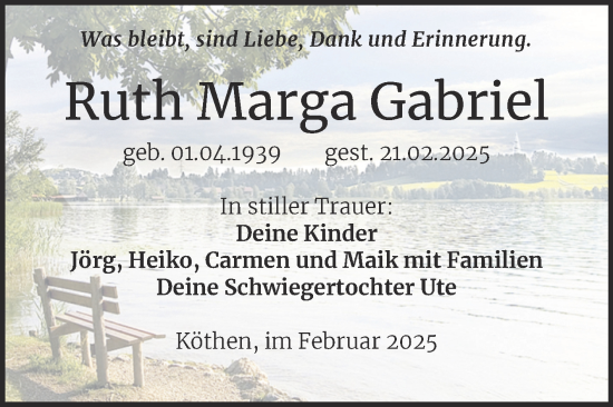 Traueranzeige von Ruth Marga Gabriel von Trauerkombi Köthen