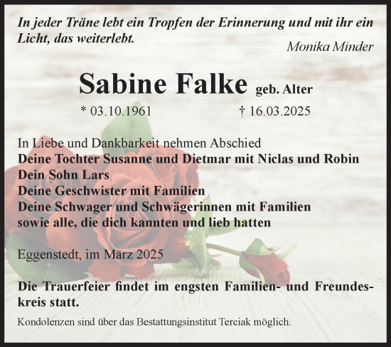 Traueranzeige von Sabine Falke von Volksstimme Oschersleben/Wanzleben