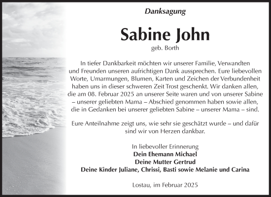 Traueranzeige von Sabine John von Volksstimme Burg/Genthin